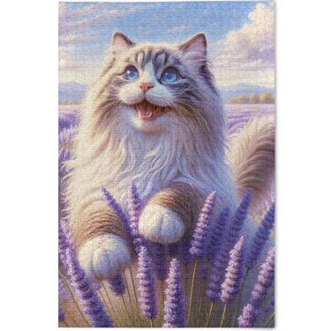 Imagem de Quebra-cabeça floral de gato lavanda personalizado 1000 peças para adultos presentes para jogo de elefante branco arte prima decoração de pintura animal, 75 x 50 cm