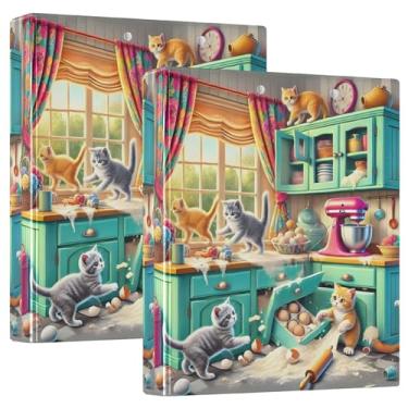 Imagem de Engraçado Cat Kitchen Chaos 3 fichários de 3 anéis de 3 cm comporta 200 folhas fofas pastas de portfólio floral anel redondo fichário de escritório, 31,5 x 27 x 6 cm, 1 pacote