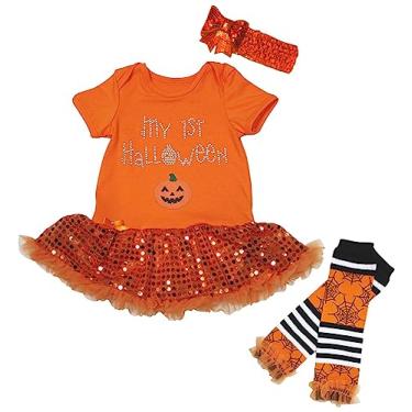 Imagem de Petitebella Vestido de bebê tutu My 1st Halloween Pumpkin Bodysuit Nb-18m, Laranja/lantejoulas + polainas, 6-12 Months