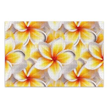 Imagem de Quebra-cabeça para adultos, 500 peças, arte engraçada para adultos, jogo de arte, amarelo, branco, plumeria, flores, 51 x 35 cm