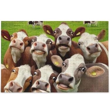 Imagem de Quebra-cabeça de gado engraçado de vaca fofa personalizada para adultos 500 peças arte colorida animal paisagem cena quebra-cabeça jogo de presentes tecnológicos, 52 cm x 37,8 cm
