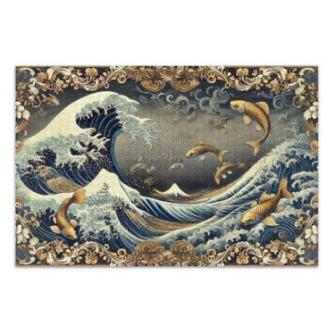 Imagem de Quebra-cabeça 500 peças adultos ondas do oceano peixe dourado jogo engraçado presentes quebra-cabeça rígido para adultos impressão de arte animal 50,5 x 14,9 polegadas