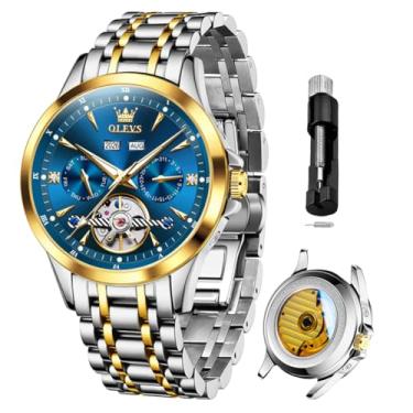 Imagem de OLEVS Relógios automáticos masculinos mecânicos luxuosos com corda automática, vários calendários, aço inoxidável, à prova d'água, relógios de pulso para homens, relógios azuis 7091, relógio masculino
