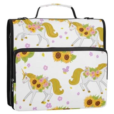 Imagem de Unicórnios caprichosos girassóis 3,8 cm 3 anéis fichários anel D zíper up fichário bolsa escolar com alça de ombro pasta de armazenamento portfólio pasta com alça de ombro com alça