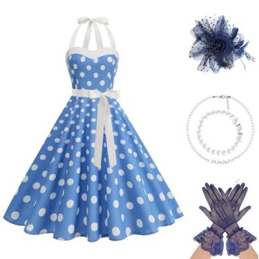 Imagem de HAPNBCELE Vestido feminino vintage anos 1950 com chapéu de cabelo, colares, luvas, vestidos de bolinhas frente única, roupa para chá e piquenique, Azul, X-Large