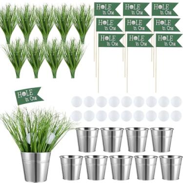 Imagem de 9 conjuntos de 171 peças de decoração de mesa de golfe suprimentos de festa de golfe, incluindo 9 baldes de ferro, 135 grama artificial, 18 mini bolas de golfe + 9 bandeiras para golfistas, decoração