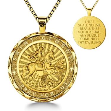 Imagem de Colar de São Jorge para homens e mulheres - Pingente de medalha de dragão matador de São Jorge banhado a cobre, amuleto de proteção cristã de ouro real banhado a cobre com versículo da Bíblia "There
