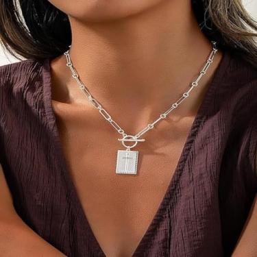 Imagem de Colar de cruz banhado a ouro 14K para mulheres, colar com pingente de cruz grosso, fecho de botão, corrente de clipe de papel, colar delicado com pingente, joias presentes para mulheres, One Size