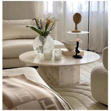 Imagem de Mesa central estilo travertino natural, mesa de café, mármore, sala de estar, wabi wabi, mesa de centro redonda francesa, mesa de quarto (travertino super branco diâmetro 110 cm altura 35 cm)