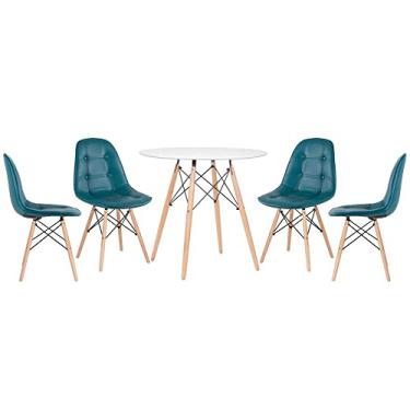 Imagem de Kit - Mesa redonda Eames 80 cm branco + 4 cadeiras estofadas Eiffel Botonê Turquesa