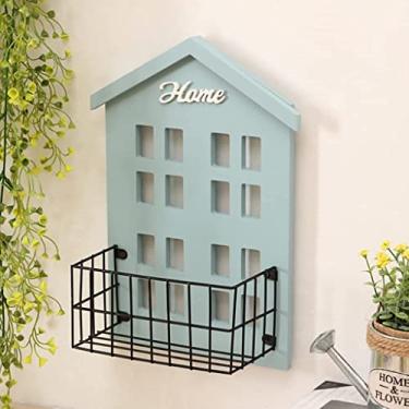 Imagem de Prateleira flutuante de parede em forma de casa de madeira, prateleiras de exibição de armazenamento rústico, decoração de casa, sala de estar, escritório, quarto (cor: amarelo) (azul claro)