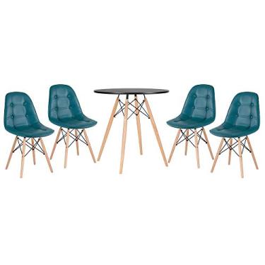 Imagem de Loft7, Kit Mesa Eames 70 cm preto + 4 cadeiras estofadas Botonê turquesa