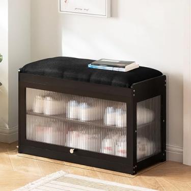 Imagem de SGeneE Rack de armazenamento de sapatos de bambu com almofada removível, organizador de prateleira de sapato, porta dobrável, unidade de prateleira de armário independente para corredores e quartos