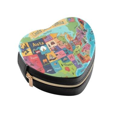 Imagem de Burbuja Mapa dos Estados Unidos, caixa de joias em forma de coração, mini estojo de viagem para mulheres e meninas, organizador portátil de armazenamento para brincos, anéis, colares e pulseiras