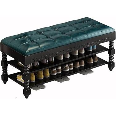 Imagem de Banco de sapatos, banco de armazenamento organizador com almofada 2 níveis sapateira para entrada sala de estar quarto corredor móveis de madeira, fácil de montar (tamanho: 70 x 30 x 48 cm, cor: azul)