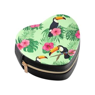 Imagem de Burbuja Caixa de joias tucanos em forma de coração de hibisco mini estojo de joias de viagem para mulheres e meninas, estojo portátil organizador de armazenamento para brincos, anéis, colares e