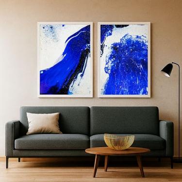 Imagem de Kit 2 Quadros Decorativos Abstratos Azul Líquido Luxo SalaQuarto Hall 80x60 (01, Branco, 80x60)