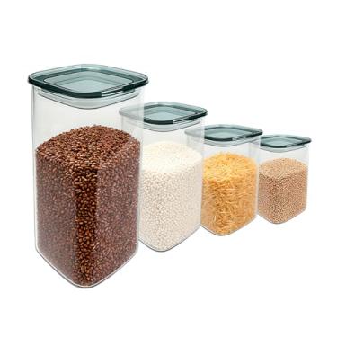 Imagem de Kit 4 Potes De Vidro Quadrados Life Com Tampa PP Para Armazenamento De Alimentos E Mantimentos - Multiuso E Empilhável - Design Moderno E Organizador Para Cozinha - 600ml, 1300ml, 1700ml, 2200ml