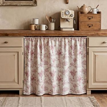 Imagem de Breling Capa de cortina para lava-louças, estilo francês, estampa floral, gabinete, cortinas ocultas com haste magnética de cortina 89 x 99 cm para máquinas de lavar louça, embaixo de pias de cozinha