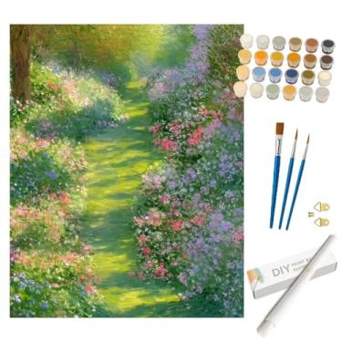 Imagem de Kit de pintura de paisagem por números para adultos – Caminho de jardim DIY com pintura de flores em tela enrolada 40 x 50 cm, conjunto de tinta acrílica, adequado para iniciantes, arte para decoração