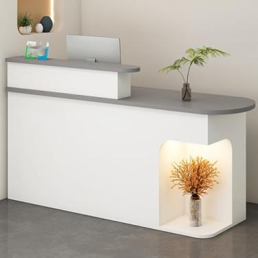Imagem de Mesa de recepção cinza moderna com luz LED, gaveta bloqueável e armário de armazenamento para escritório - 110 cm de largura