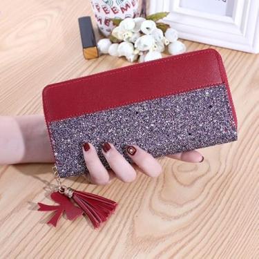 Imagem de Carteira feminina com vários cartões, porta-cartões, bolsa feminina com glitter, borla e alça de pulso, Vermelho, Minimalista
