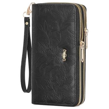 Imagem de Carteira feminina clutch com zíper duplo em torno de couro para cartão de crédito, carteira feminina de grande capacidade, Preto, Clutch