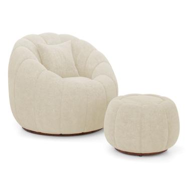 Imagem de Poltrona Decorativa Concha Giratória com Puff Estilo Abóbora Shell Bouclê Bege - Abmaza