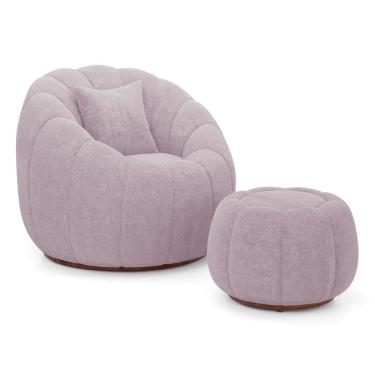 Imagem de Poltrona Decorativa Concha Giratória com Puff Estilo Abóbora Shell Bouclê Rosé - Abmaza