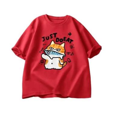 Imagem de Camiseta Feminina Engraçada Com Estampa De Gato Comendo Peixe, Gola Re