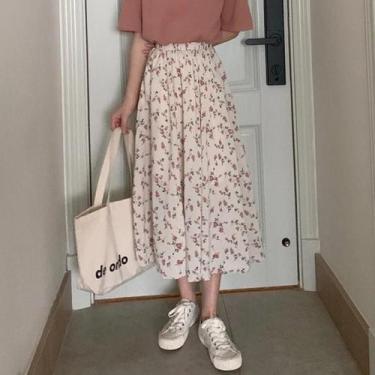 Imagem de Saia Midi Feminina Vintage Floral - Plissada, Cintura Elástica e Estil