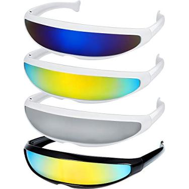 Imagem de 4 pares de óculos de sol Ciclope Futuristas Estreitos Robot Space Costume Óculos de sol com lentes espelhadas de cor futurista para crianças adultos (3 Branco 1 Moldura Preta)