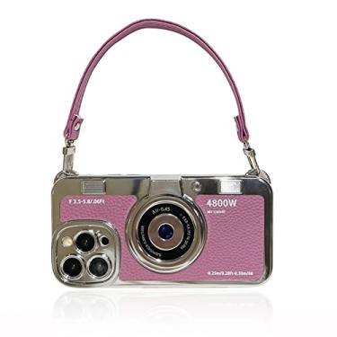 Imagem de QoKcoahn Capa de telefone com câmera vintage 3D com alça de mão - Capa protetora transversal à prova de choque em policarbonato de silicone legal exclusiva para iPhone 14 Pro Max-roxa