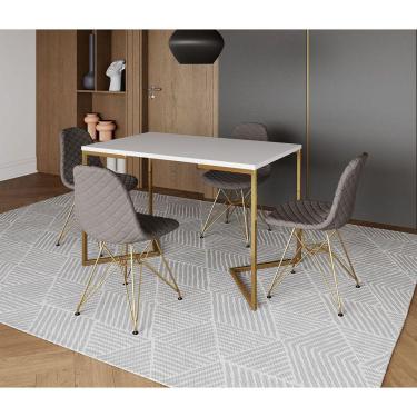 Imagem de Mesa Jantar Industrial Retangular Branca 120x75 Base V com 4 Cadeiras Estofadas Grafite Aço Dourado