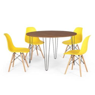 Imagem de Conjunto Mesa de Jantar Redonda Hairpin 120cm Natural com 4 Cadeiras Eames Eiffel - Amarelo
