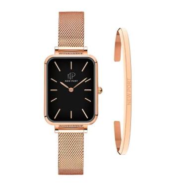Imagem de Relógio Quadrado Rosé Feminino Elegante + Bracelete New Port Banhado em Ouro Kit