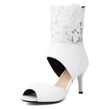 Imagem de Sandálias femininas verão branco sapato social preto renda floral borda vazada sapato peep toe salto alto tamanho 5-10, Branco, 35