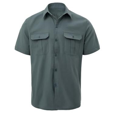 Imagem de Letuwj Camisa masculina formal de manga curta casual com bolso, Verde escuro, 3G