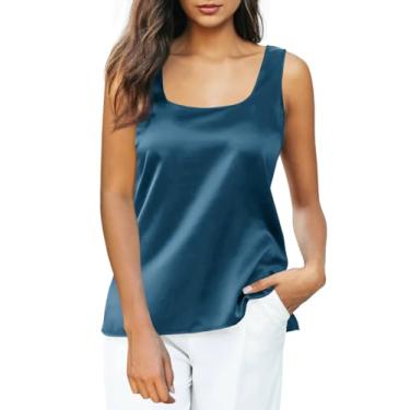 Imagem de Tankaneo Regata feminina de cetim de seda casual gola quadrada camiseta básica sem mangas de verão, Azul e verde, P