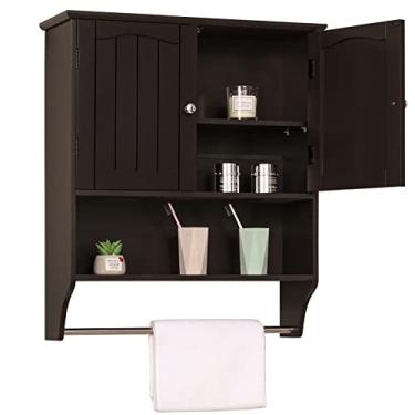 Imagem de IWELL Armário de parede preto para banheiro com 1 prateleira ajustável e portas duplas, armário de medicamentos para banheiro, armário de banheiro montado na parede, marrom