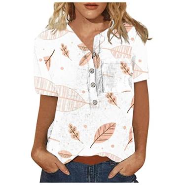 Imagem de Camisetas femininas casuais de verão 2024 de manga curta e gola redonda com estampa de flores, blusas casuais soltas, Ofertas relâmpago branco, P