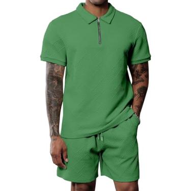 Imagem de Uni Clau Conjunto masculino de camisa polo e shorts, moda verão, casual, manga curta, conjunto de 2 peças, Verde, XXG