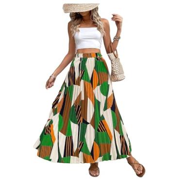 Imagem de OYOANGLE Saia feminina Boho Geo Print cintura alta rodada plissada saia de férias, Verde, laranja, GG