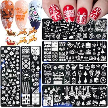 Imagem de Placas de estampagem de unhas de Natal, 6 peças kit de carimbo de unhas de Natal flocos de neve alce árvore de Natal sino boneco de neve arte de unhas estênceis placas de manicure modelo ferramenta de design