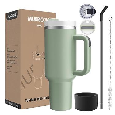 Imagem de MURRICON Copo de 1,18 l com alça e canudo, copo de quencher a vácuo reutilizável com tampa, caneca de viagem isolada de aço inoxidável, para café e bebidas (verde baio)