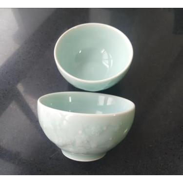 Imagem de Twokiln Tigela de arroz esmaltada Celadon, tigela de arroz Longquan celadon 11,4 cm 283,5 g, tigela de molho de sushi, tigela de tempero, esmalte mineral natural sem chumbo, 2 peças (flor de ameixa