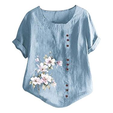 Imagem de Blusa feminina de linho com estampa floral, algodão, linho, manga curta, verão, vintage, casual, plus size, camisetas folgadas, Ofertas Relâmpago Azul, GG