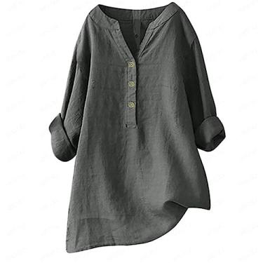 Imagem de Howstar Blusas de linho para mulheres 2024 verão plus size túnica com botão gola V elegante blusa casual manga curta, Cinza escuro, GG