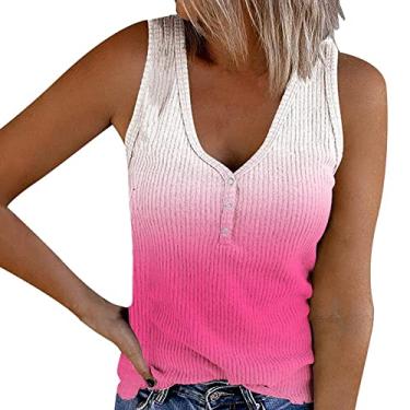 Imagem de Regatas femininas de malha canelada camiseta floral sem mangas gola V camiseta casual verão roupas abotoadas camiseta colete, Rosa 1, P