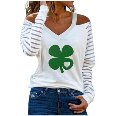 Imagem de Nagub Camiseta feminina St Patricks Day, manga comprida, gola V, verde trevo, ombros de fora, listrada, camisas elegantes túnicas, Trevo da sorte, G